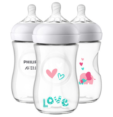 Set 3 bình sữa Avent Natural 260ml voi hồng
