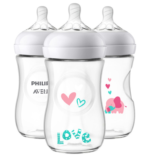 Set 3 bình sữa Avent Natural 260ml voi hồng