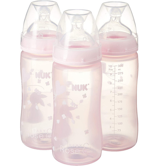 Bình sữa Nuk cổ rộng 300ml cổ điển, thỏ hồng