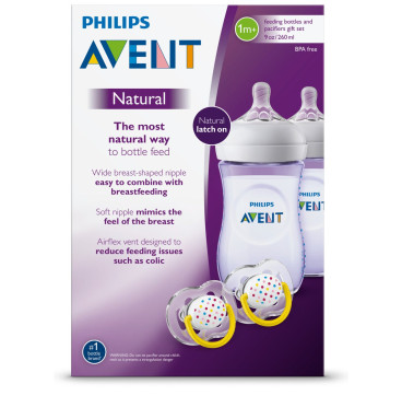 Set 2 bình sữa Avent Natural 260ml tím và 2 ti giả