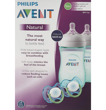 Set 2 bình sữa Avent Natural 260ml xanh và 2 ti giả